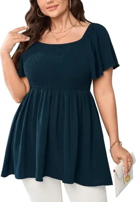 Women's Plus Size Dressy Tops Square Neck Short Sleeve Smocked Peplum Blouse Tops Shirts
