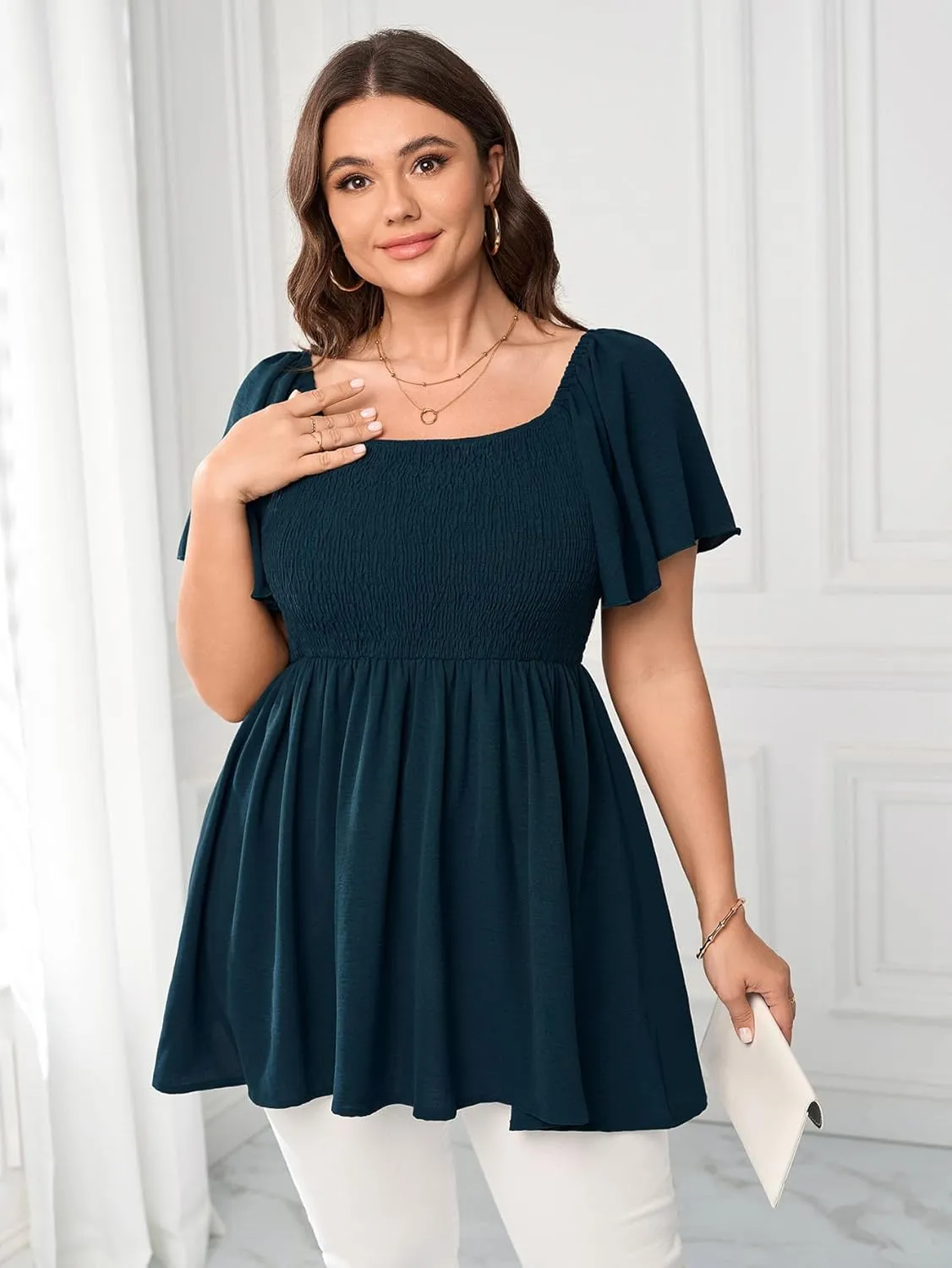 Women's Plus Size Dressy Tops Square Neck Short Sleeve Smocked Peplum Blouse Tops Shirts