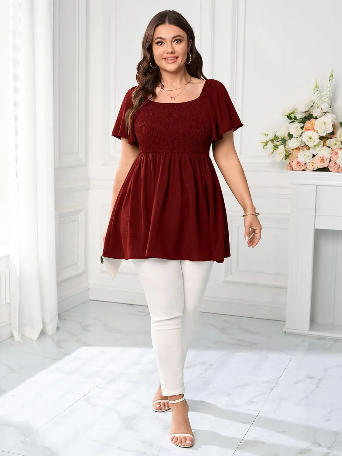 Women's Plus Size Dressy Tops Square Neck Short Sleeve Smocked Peplum Blouse Tops Shirts