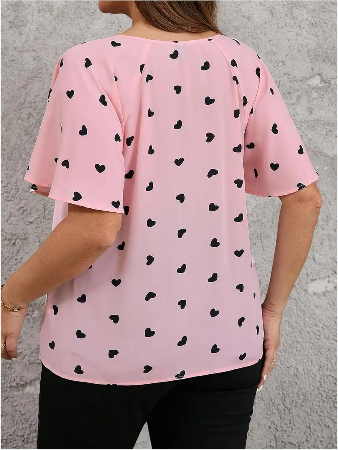 Women's Plus Size Heart Print Blouse Tie Neck Short Sleeve Dressy Casual Shirts Top