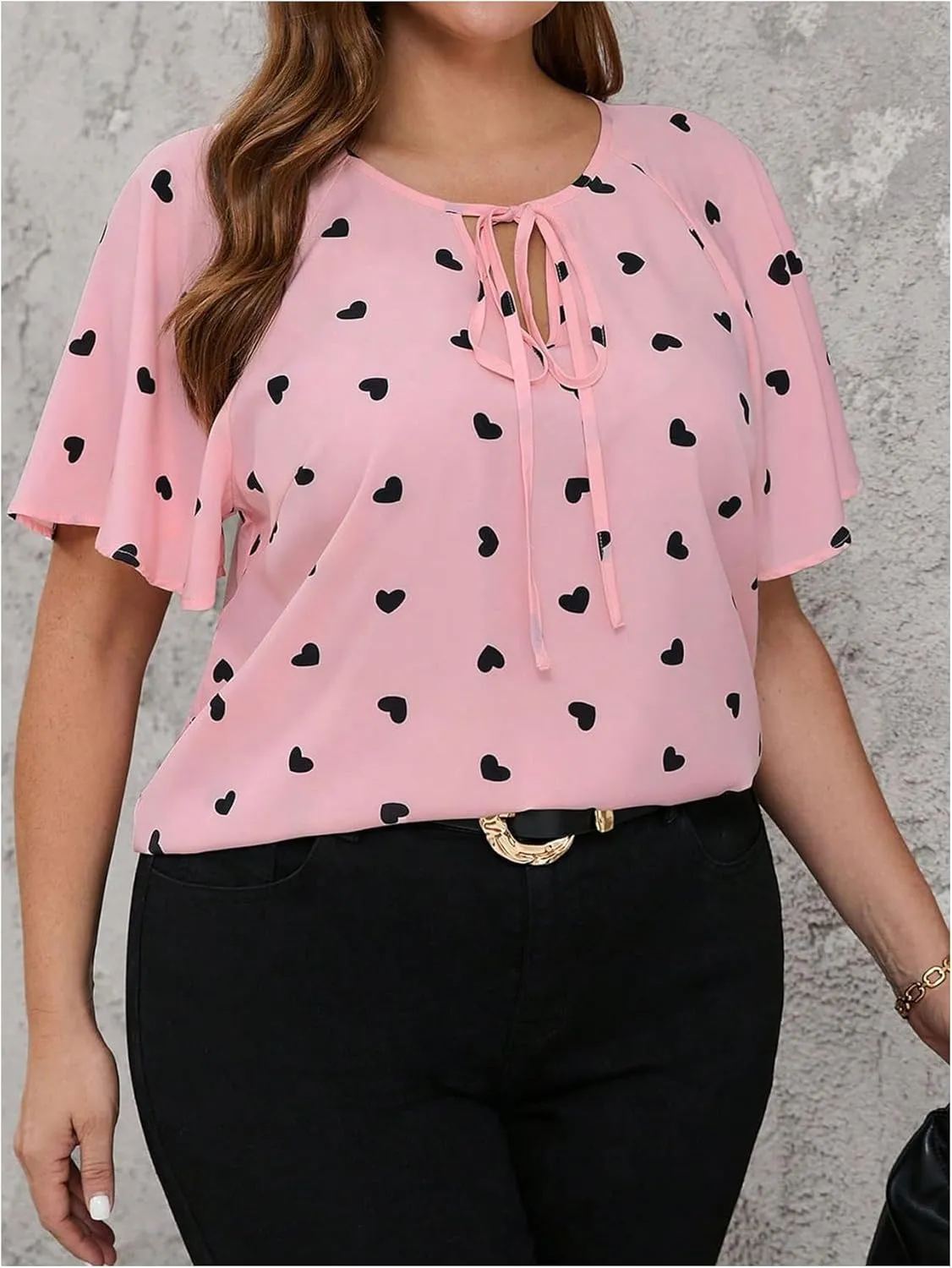 Women's Plus Size Heart Print Blouse Tie Neck Short Sleeve Dressy Casual Shirts Top
