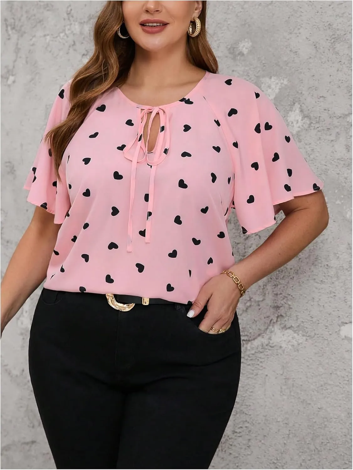 Women's Plus Size Heart Print Blouse Tie Neck Short Sleeve Dressy Casual Shirts Top