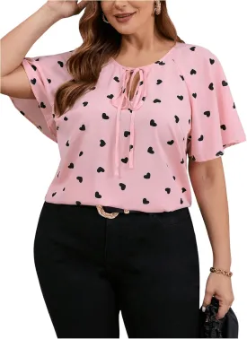 Women's Plus Size Heart Print Blouse Tie Neck Short Sleeve Dressy Casual Shirts Top