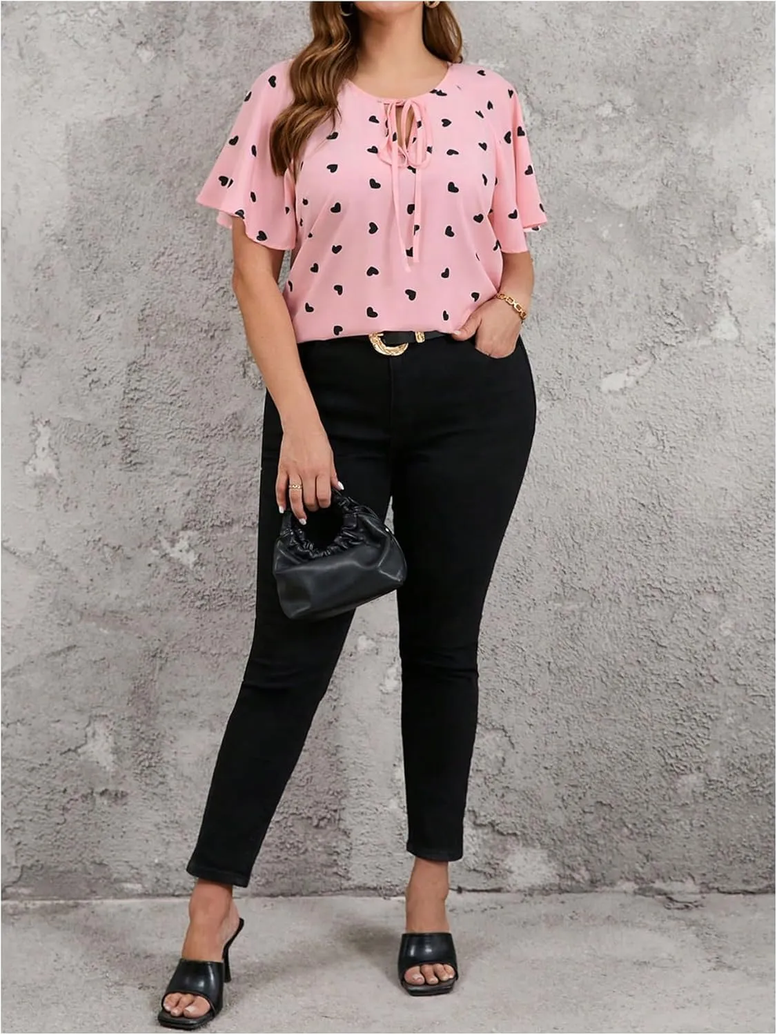 Women's Plus Size Heart Print Blouse Tie Neck Short Sleeve Dressy Casual Shirts Top