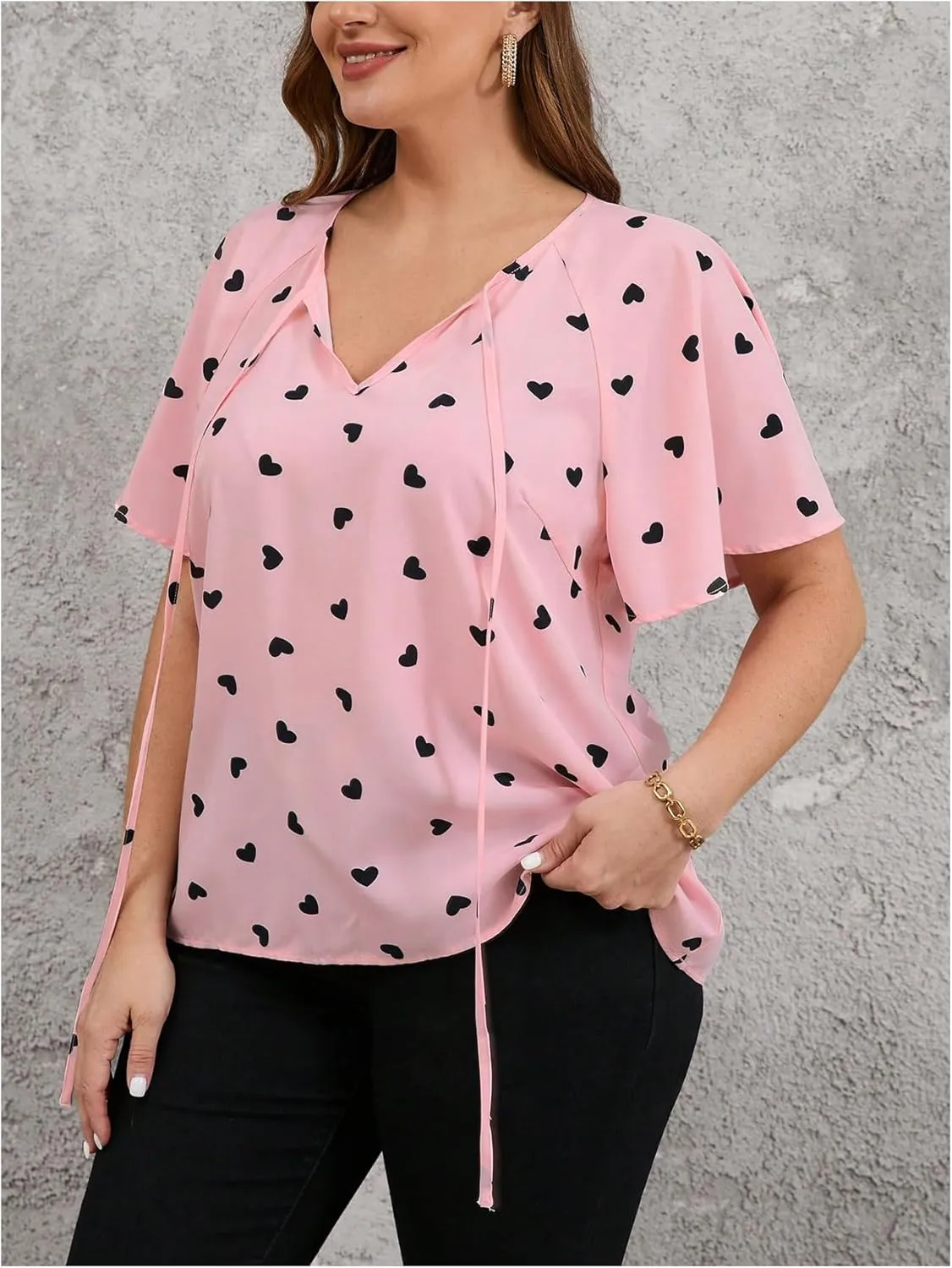 Women's Plus Size Heart Print Blouse Tie Neck Short Sleeve Dressy Casual Shirts Top