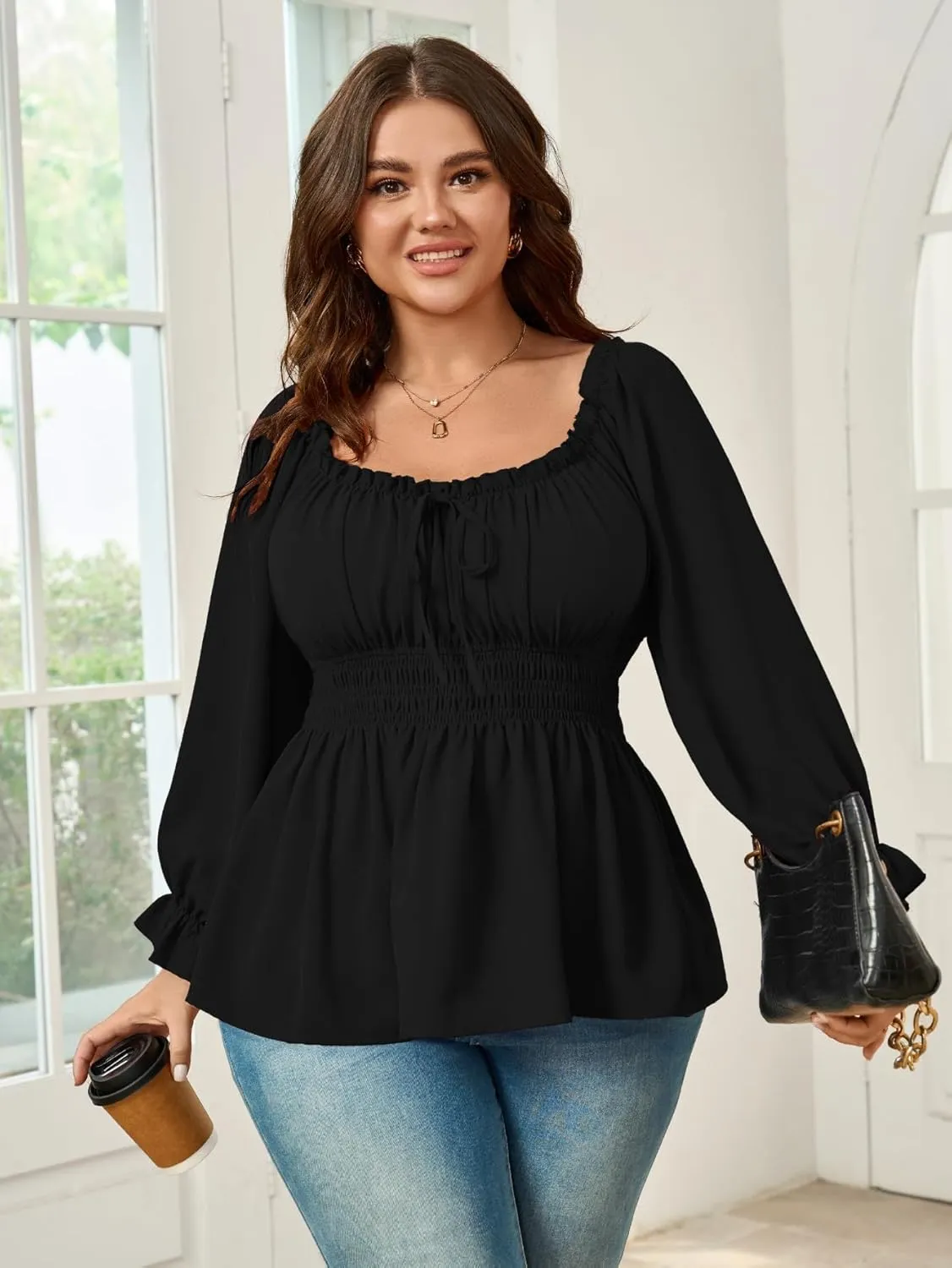 Womens Plus Size Tops Square Neck Long Sleeve Blouse Babydoll Ruffle Peplum Smocked Summer Top