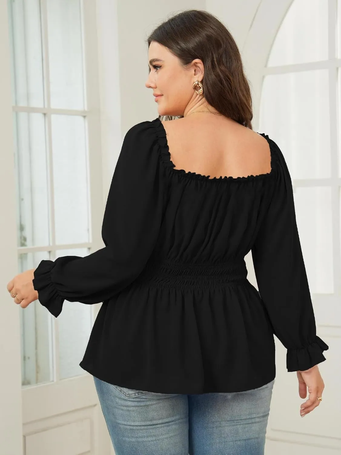Womens Plus Size Tops Square Neck Long Sleeve Blouse Babydoll Ruffle Peplum Smocked Summer Top