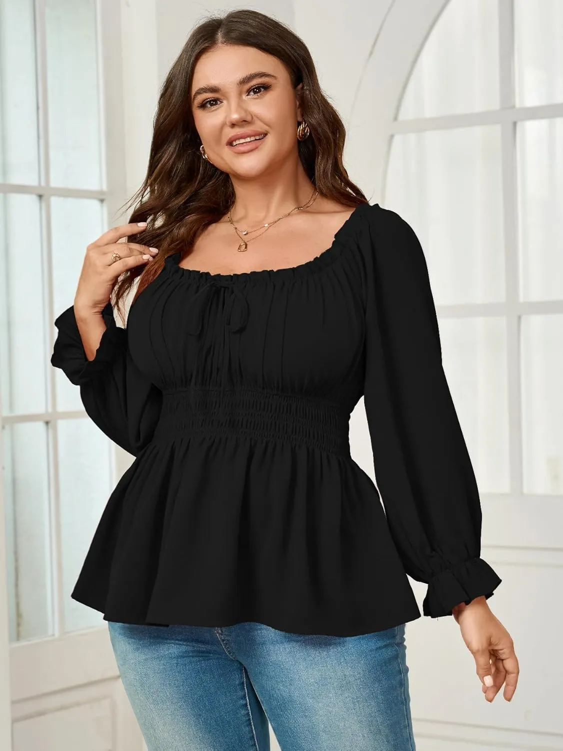 Womens Plus Size Tops Square Neck Long Sleeve Blouse Babydoll Ruffle Peplum Smocked Summer Top