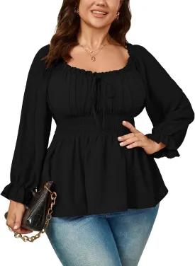 Womens Plus Size Tops Square Neck Long Sleeve Blouse Babydoll Ruffle Peplum Smocked Summer Top