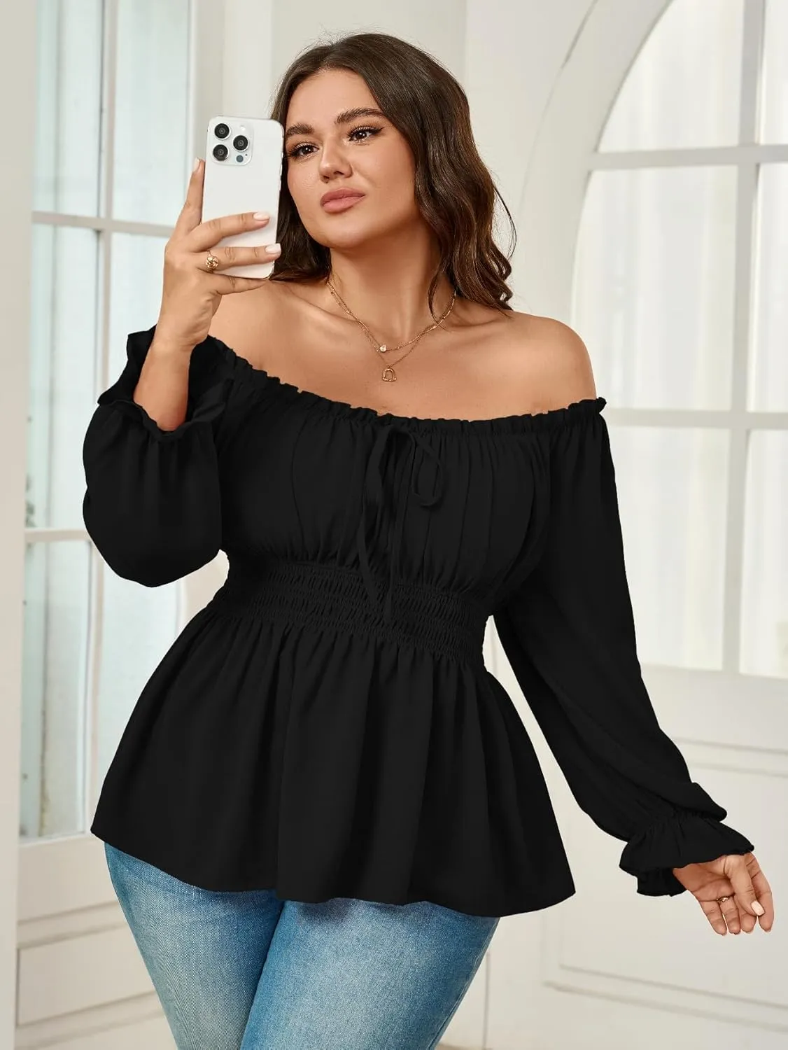 Womens Plus Size Tops Square Neck Long Sleeve Blouse Babydoll Ruffle Peplum Smocked Summer Top
