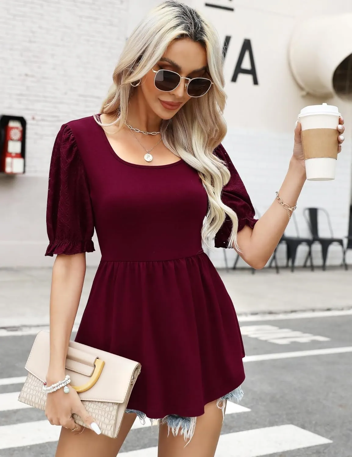 Women's Puff Sleeve Peplum Tunic Tops Casual Square Neck Flowy Blouse Floral Print Lace Shirt