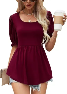 Women's Puff Sleeve Peplum Tunic Tops Casual Square Neck Flowy Blouse Floral Print Lace Shirt
