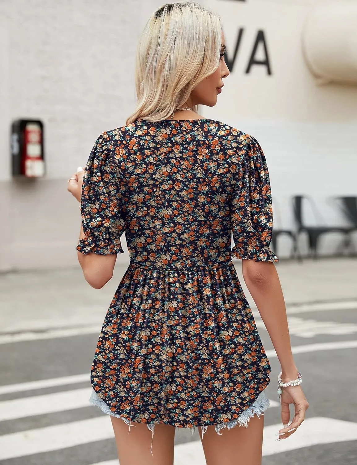 Women's Puff Sleeve Peplum Tunic Tops Casual Square Neck Flowy Blouse Floral Print Lace Shirt