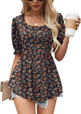 Women's Puff Sleeve Peplum Tunic Tops Casual Square Neck Flowy Blouse Floral Print Lace Shirt