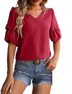 Womens Puff Sleeve Tops Dressy Casual V Neck Blouses Swiss Dot Balloon Short Sleeve Blouses Pom Pom Shirts Summer Tee
