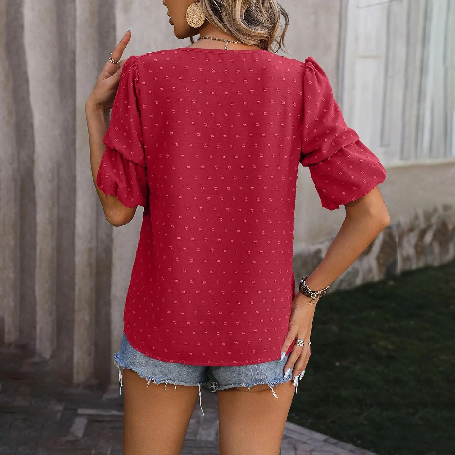 Womens Puff Sleeve Tops Dressy Casual V Neck Blouses Swiss Dot Balloon Short Sleeve Blouses Pom Pom Shirts Summer Tee