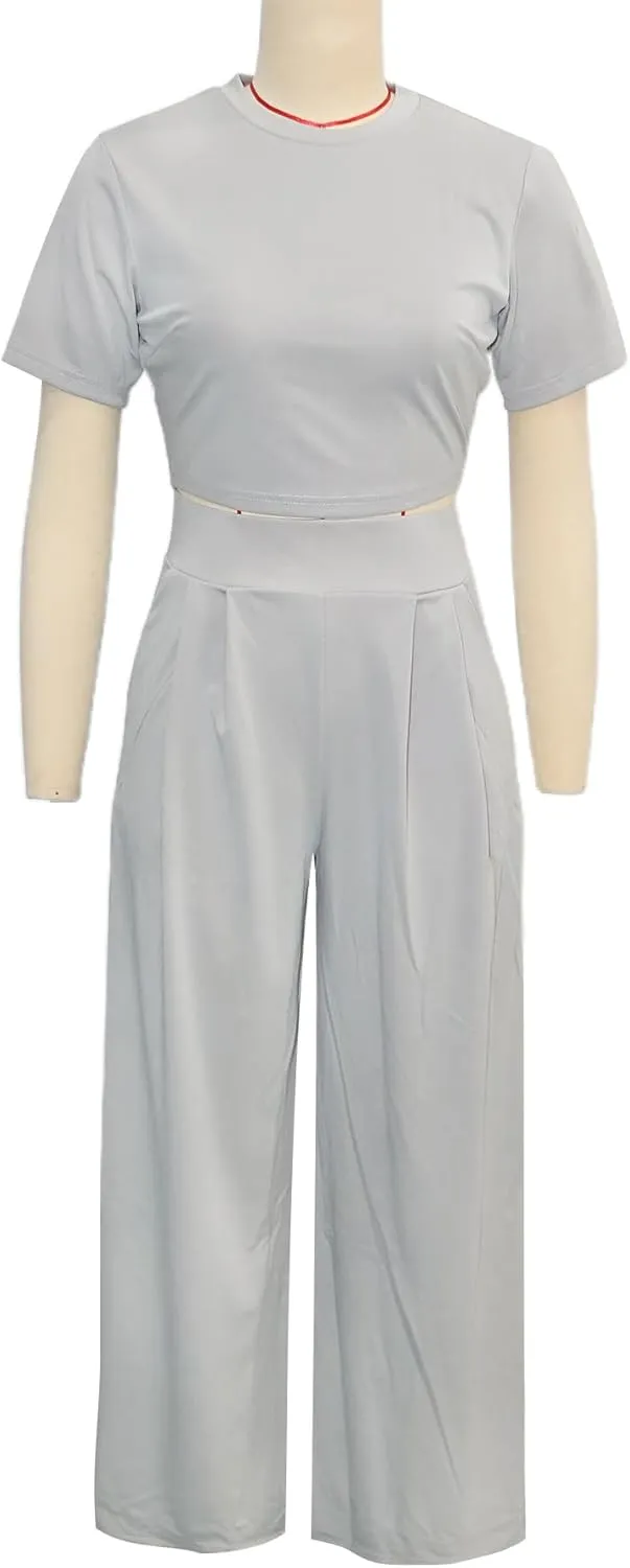 Women's Short Sleeve Crop Tops Wide Leg Pants Two Piece Sets Outfits