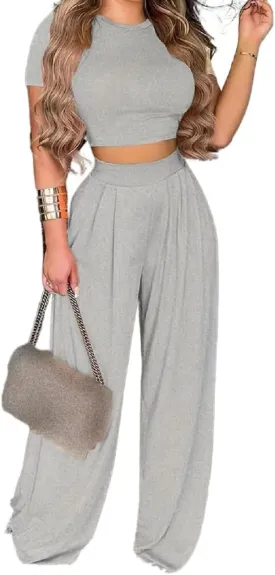 Women's Short Sleeve Crop Tops Wide Leg Pants Two Piece Sets Outfits