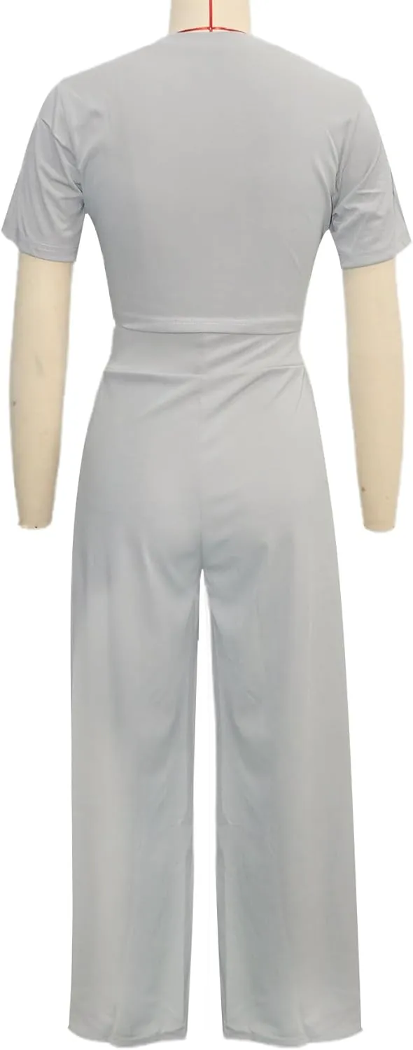 Women's Short Sleeve Crop Tops Wide Leg Pants Two Piece Sets Outfits