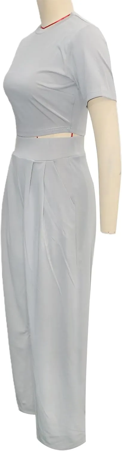 Women's Short Sleeve Crop Tops Wide Leg Pants Two Piece Sets Outfits