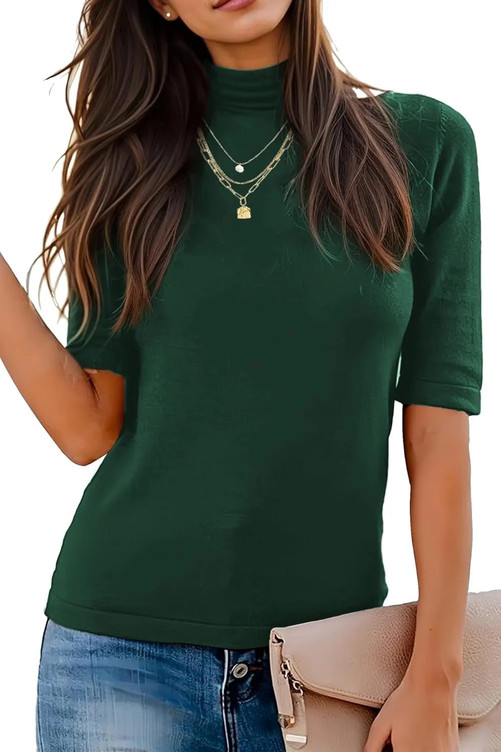 Women's Short Sleeve Sweaters Dressy Casual Mock Turtleneck Shirt Highly Stretchy Ribbed Knit Fitted Top Blouse