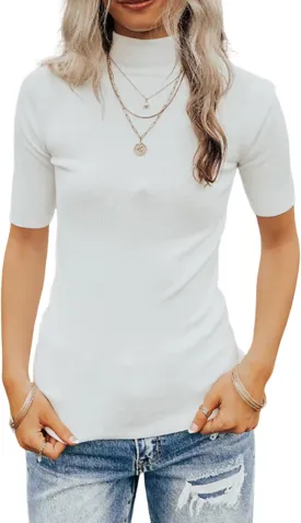 Women's Short Sleeve Sweaters Dressy Casual Mock Turtleneck Shirt Highly Stretchy Ribbed Knit Fitted Top Blouse