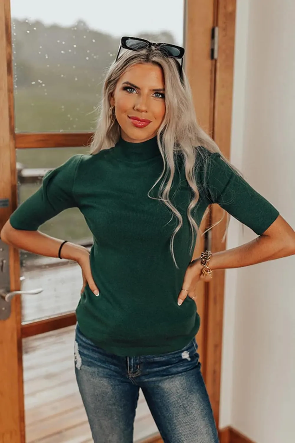Women's Short Sleeve Sweaters Dressy Casual Mock Turtleneck Shirt Highly Stretchy Ribbed Knit Fitted Top Blouse