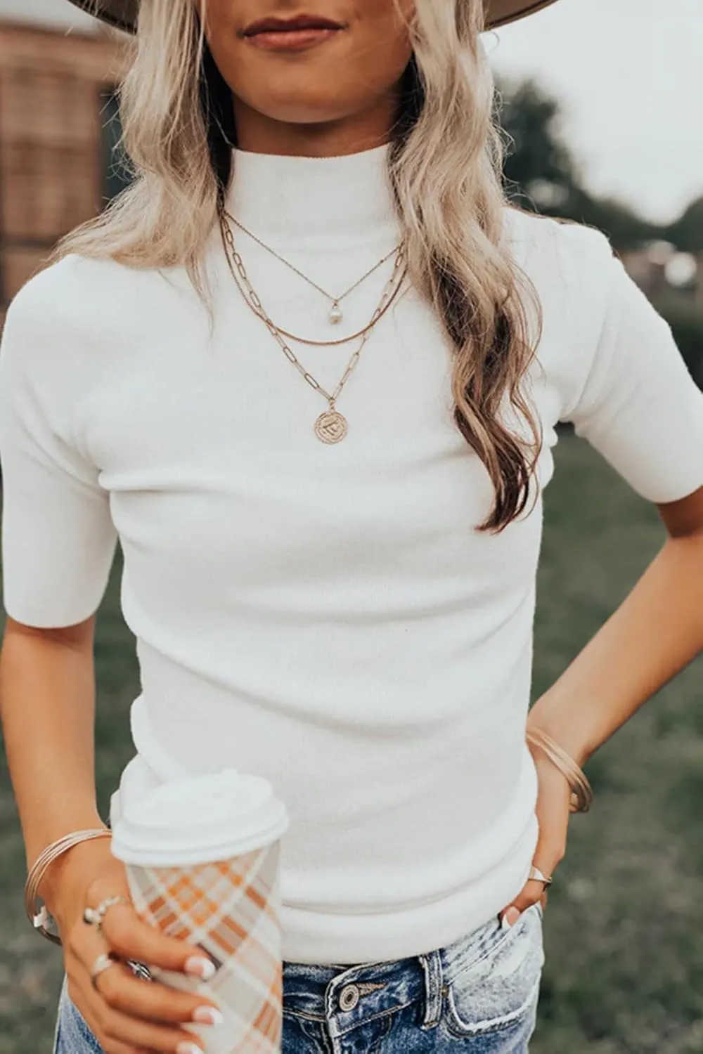 Women's Short Sleeve Sweaters Dressy Casual Mock Turtleneck Shirt Highly Stretchy Ribbed Knit Fitted Top Blouse