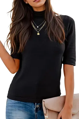 Women's Short Sleeve Sweaters Dressy Casual Mock Turtleneck Shirt Highly Stretchy Ribbed Knit Fitted Top Blouse