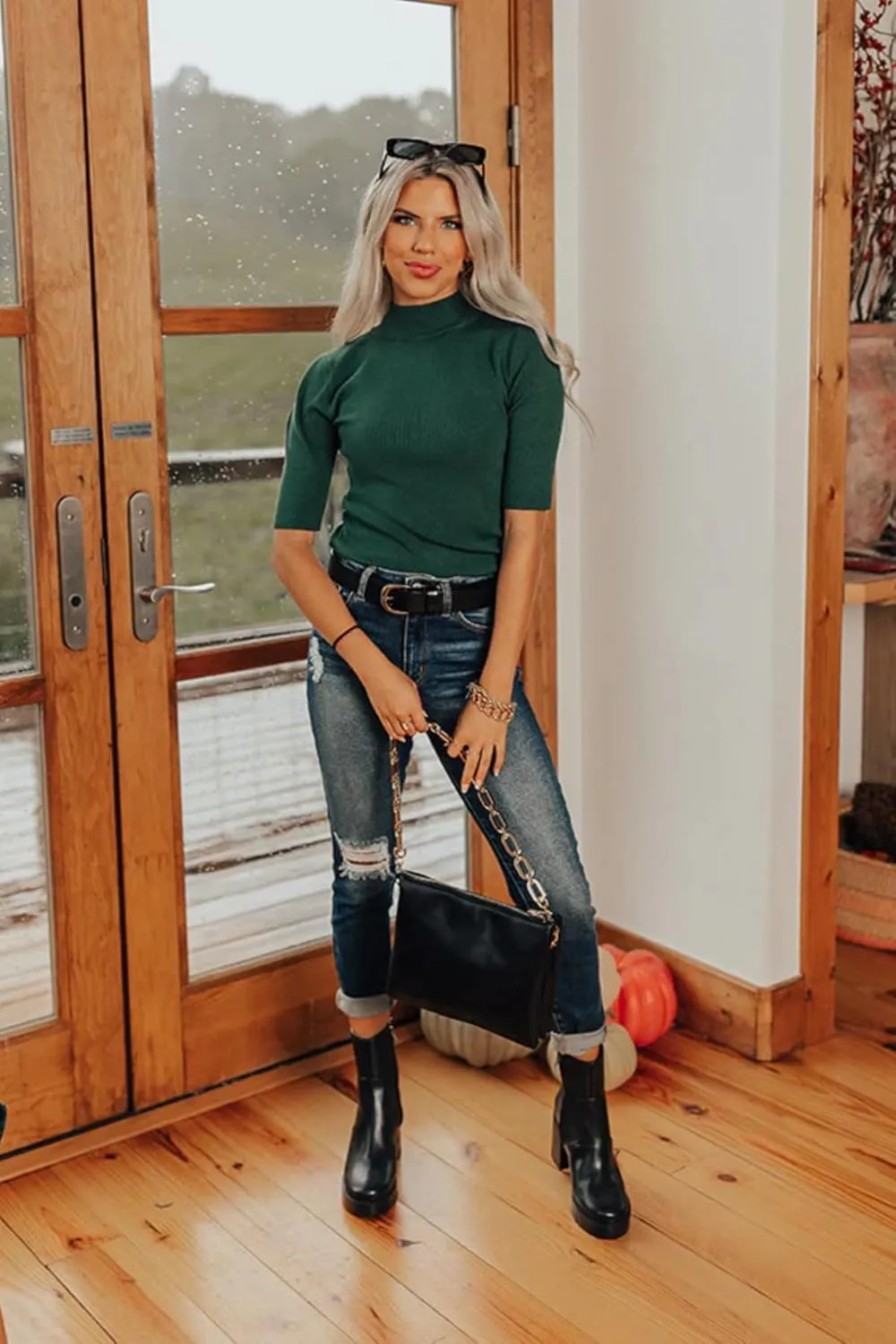 Women's Short Sleeve Sweaters Dressy Casual Mock Turtleneck Shirt Highly Stretchy Ribbed Knit Fitted Top Blouse