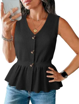 Womens Summer Casual Button Down Peplum Tops Sleeveless V Neck Knit Sweater Vest