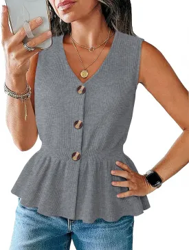 Womens Summer Casual Button Down Peplum Tops Sleeveless V Neck Knit Sweater Vest
