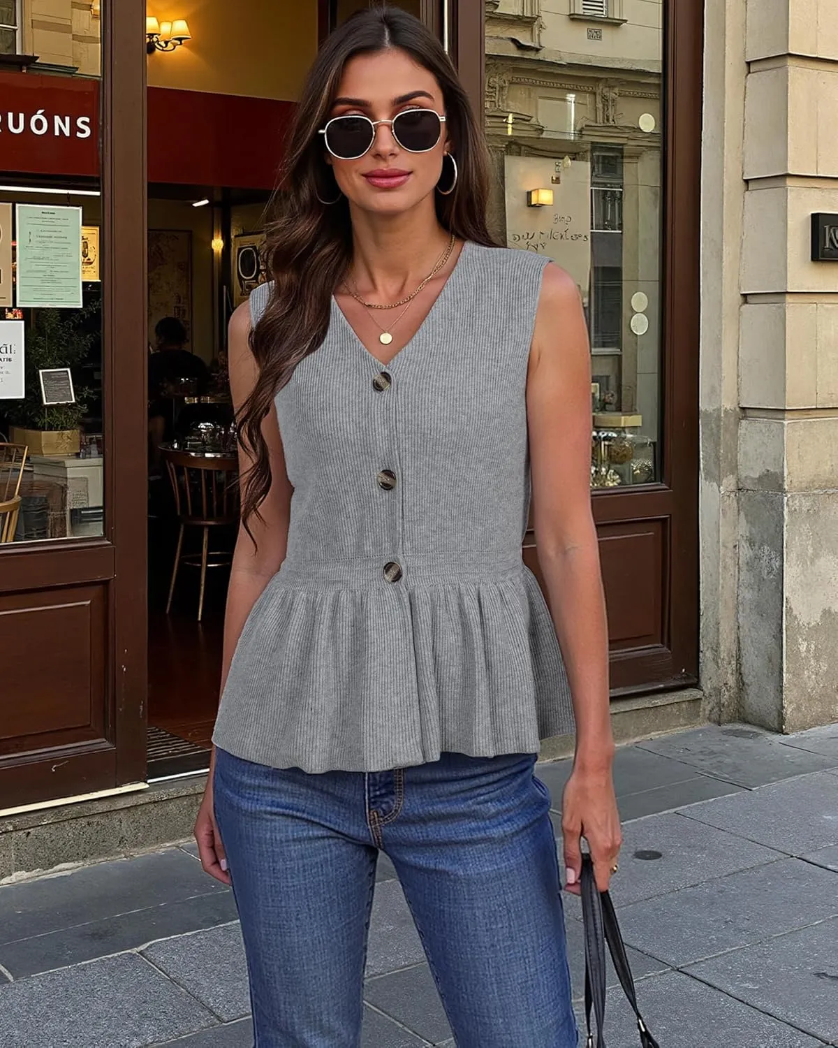 Womens Summer Casual Button Down Peplum Tops Sleeveless V Neck Knit Sweater Vest