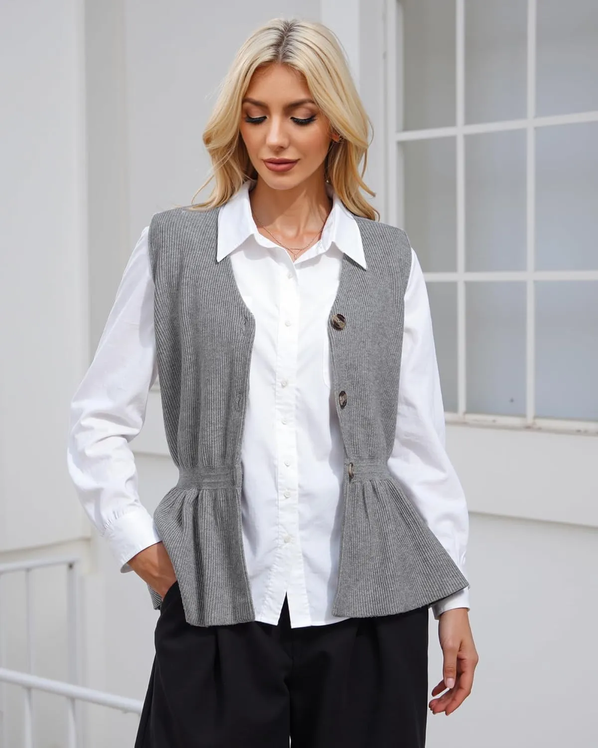 Womens Summer Casual Button Down Peplum Tops Sleeveless V Neck Knit Sweater Vest