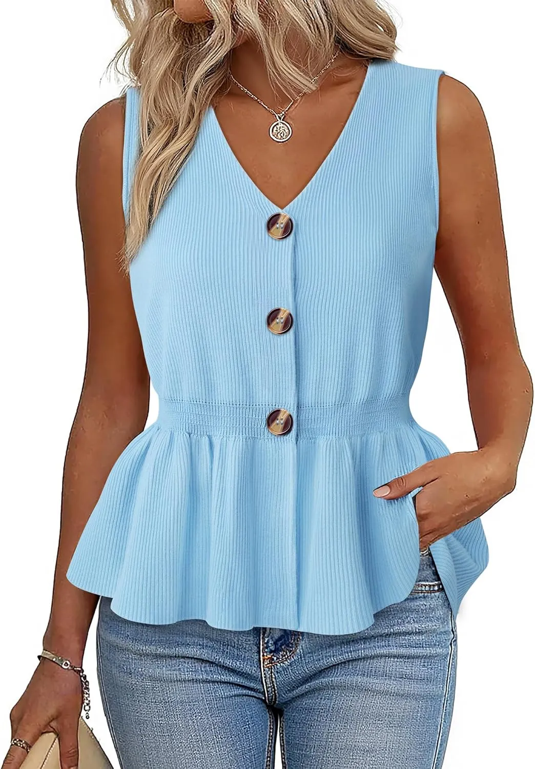 Womens Summer Casual Button Down Peplum Tops Sleeveless V Neck Knit Sweater Vest