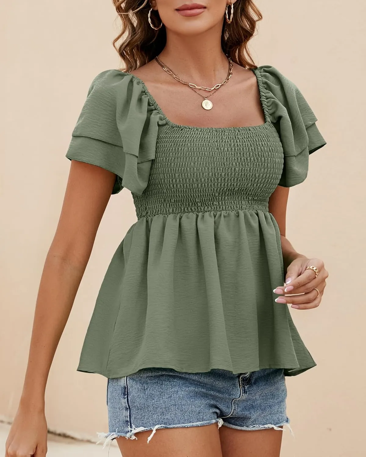 Women's Summer Peplum Tops Square Neck Ruffle Trim Short Sleeve Blouse Smocked Top Dressy Casual Shirts