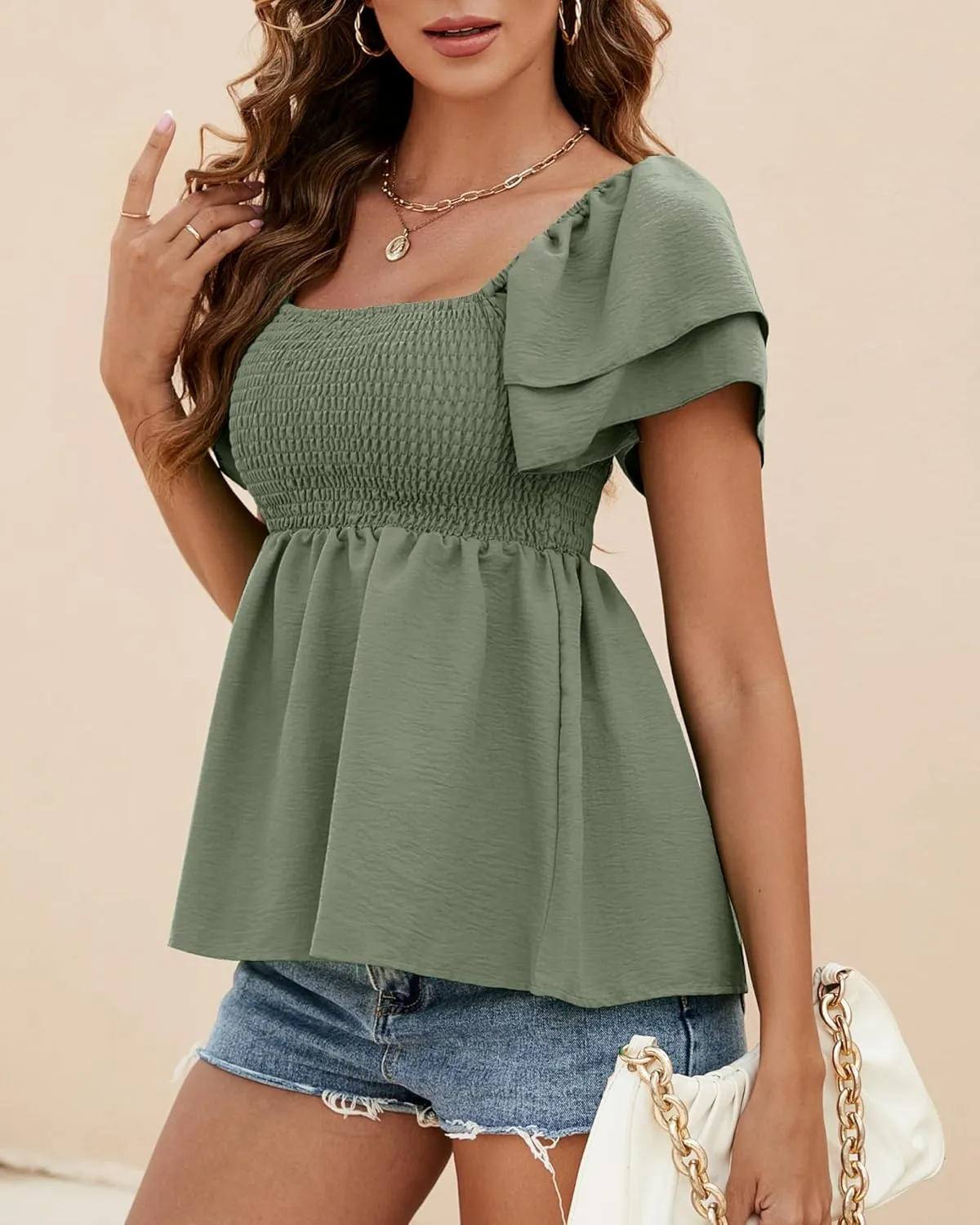 Women's Summer Peplum Tops Square Neck Ruffle Trim Short Sleeve Blouse Smocked Top Dressy Casual Shirts