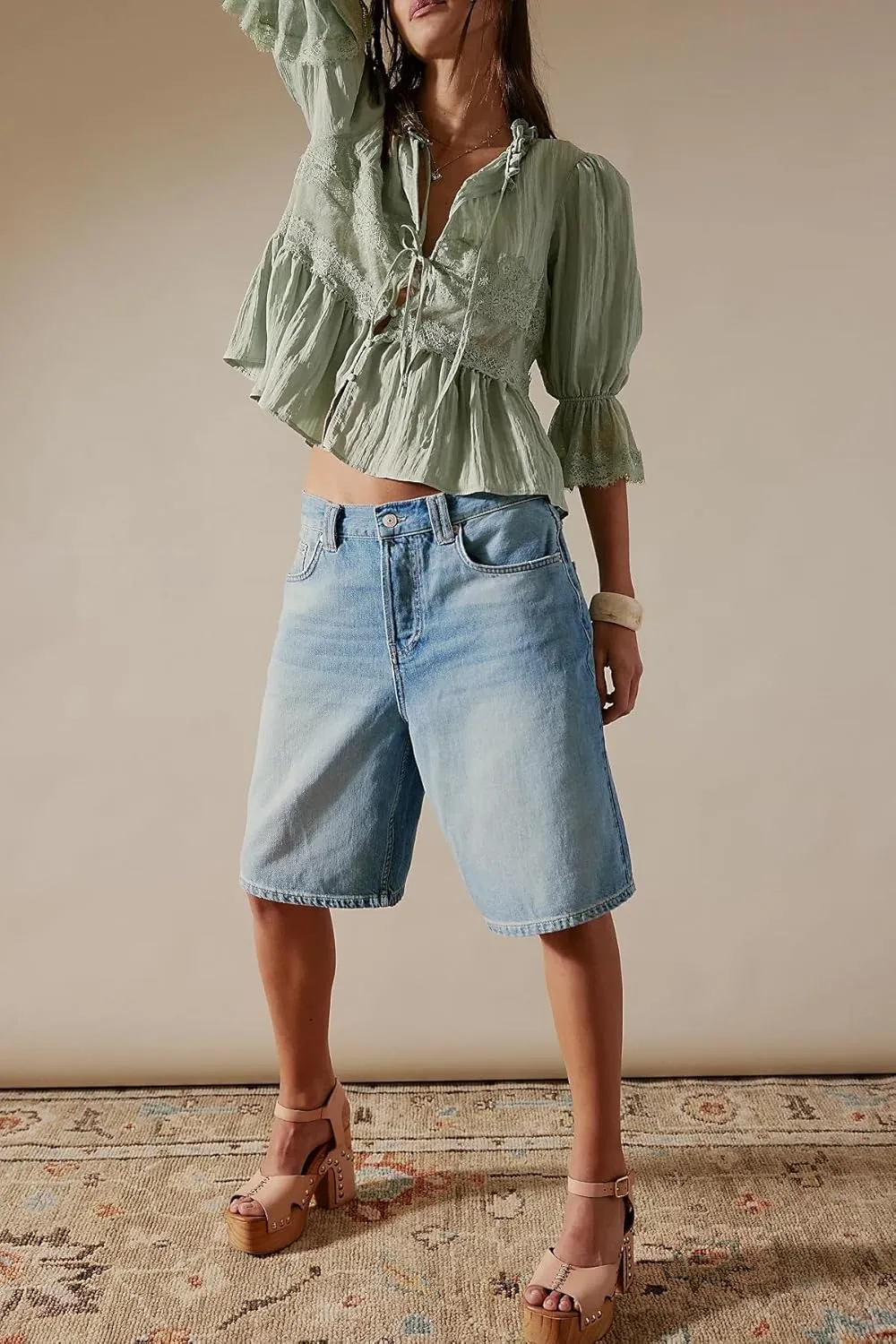 Womens Tie Front Ruffle Boho Tops Flowy Sheer Short Sleeve Lace Blouse Y2k Embroidered Babydoll Button Down Shirts