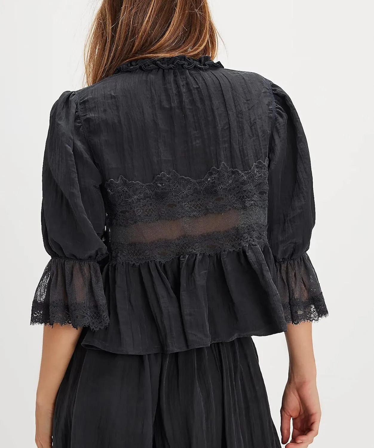 Womens Tie Front Ruffle Boho Tops Flowy Sheer Short Sleeve Lace Blouse Y2k Embroidered Babydoll Button Down Shirts