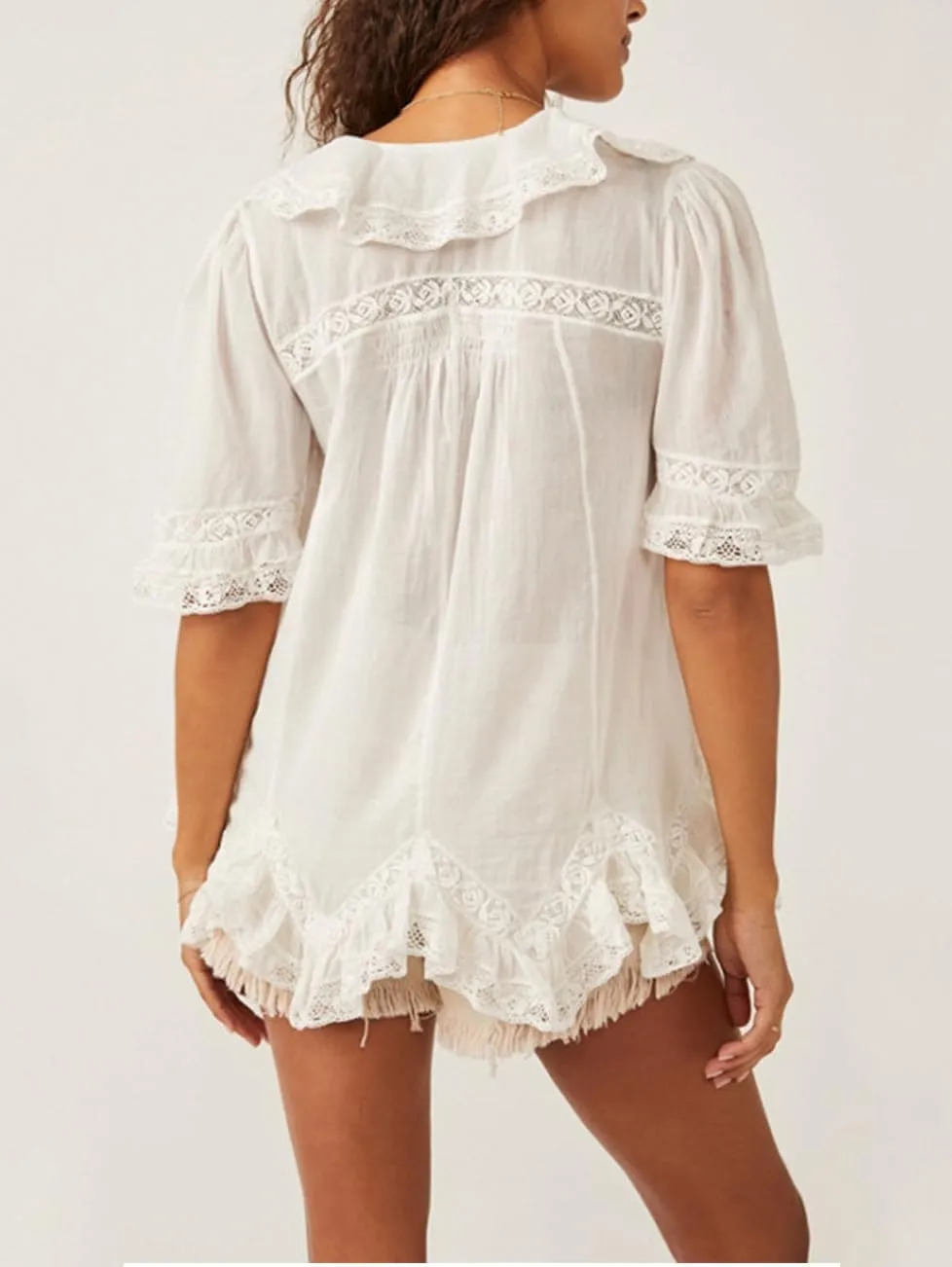 Womens Tie Front Ruffle Boho Tops Flowy Sheer Short Sleeve Lace Blouse Y2k Embroidered Babydoll Button Down Shirts