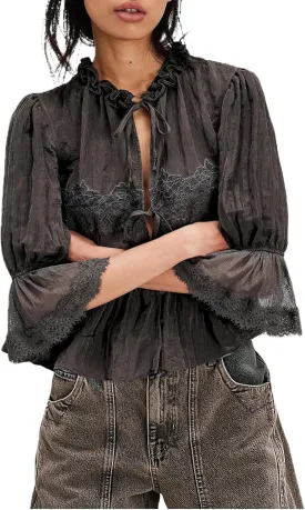 Womens Tie Front Ruffle Boho Tops Flowy Sheer Short Sleeve Lace Blouse Y2k Embroidered Babydoll Button Down Shirts