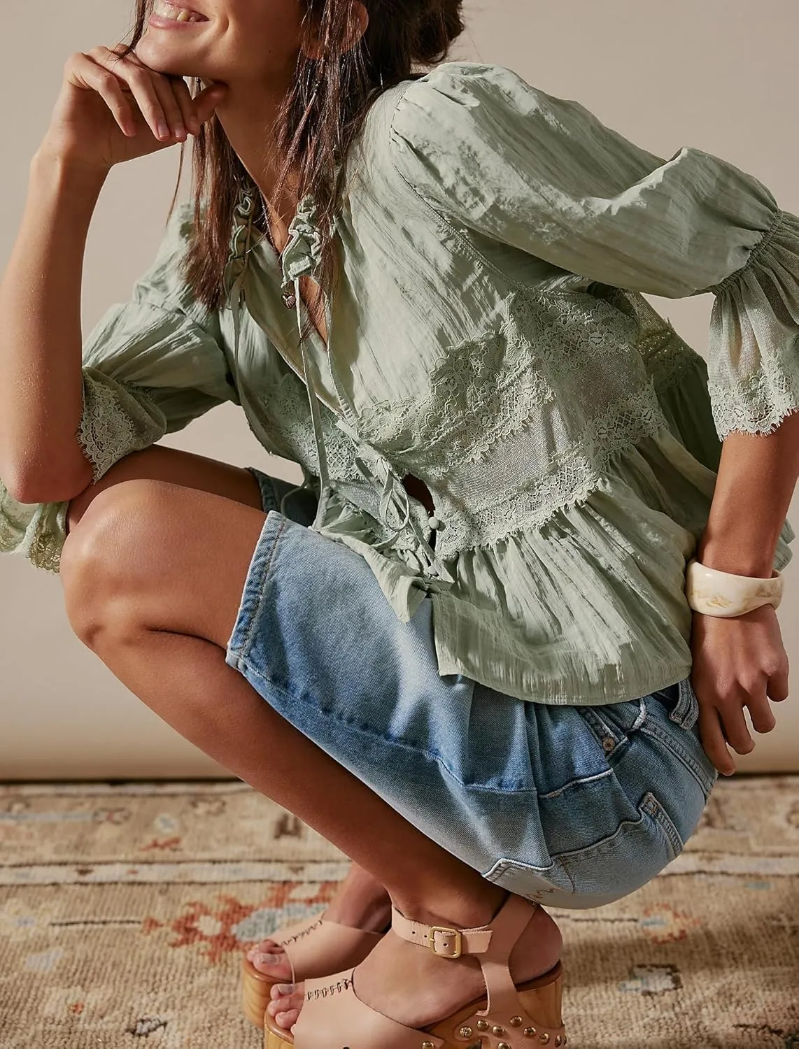 Womens Tie Front Ruffle Boho Tops Flowy Sheer Short Sleeve Lace Blouse Y2k Embroidered Babydoll Button Down Shirts