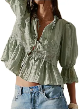 Womens Tie Front Ruffle Boho Tops Flowy Sheer Short Sleeve Lace Blouse Y2k Embroidered Babydoll Button Down Shirts