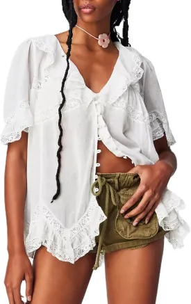 Womens Tie Front Ruffle Boho Tops Flowy Sheer Short Sleeve Lace Blouse Y2k Embroidered Babydoll Button Down Shirts