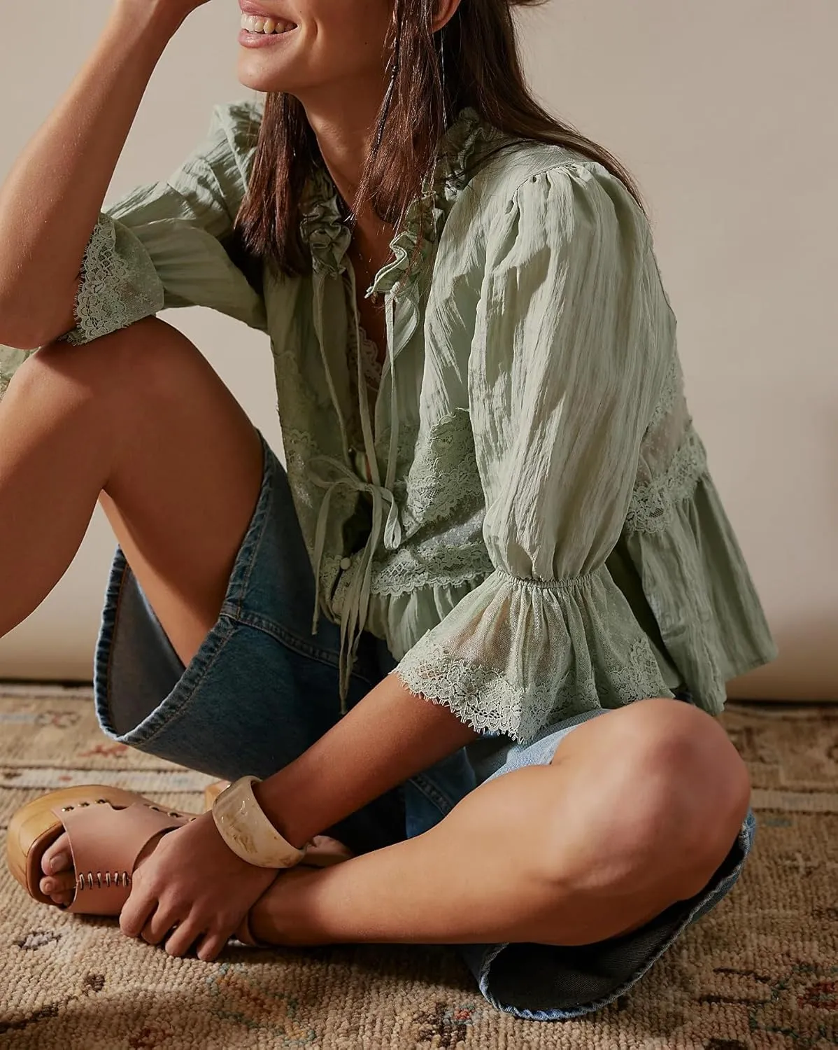 Womens Tie Front Ruffle Boho Tops Flowy Sheer Short Sleeve Lace Blouse Y2k Embroidered Babydoll Button Down Shirts
