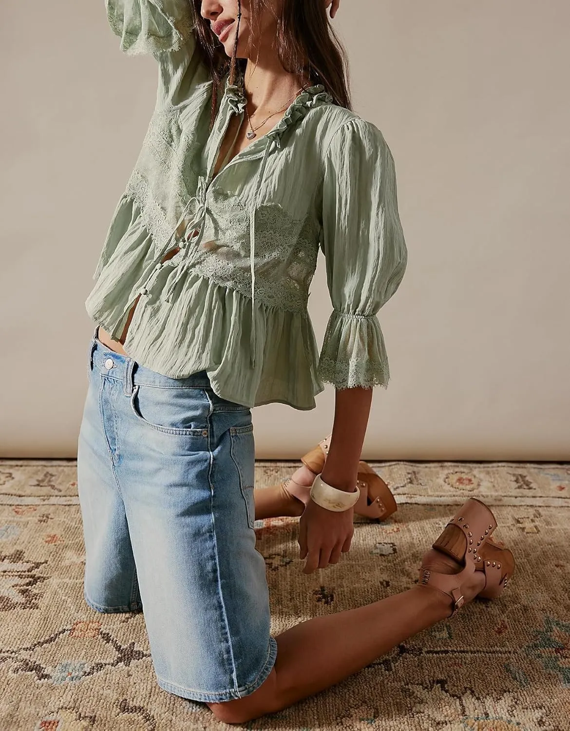 Womens Tie Front Ruffle Boho Tops Flowy Sheer Short Sleeve Lace Blouse Y2k Embroidered Babydoll Button Down Shirts