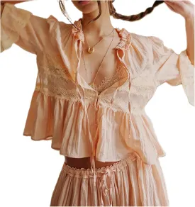 Womens Tie Front Ruffle Boho Tops Flowy Sheer Short Sleeve Lace Blouse Y2k Embroidered Babydoll Button Down Shirts
