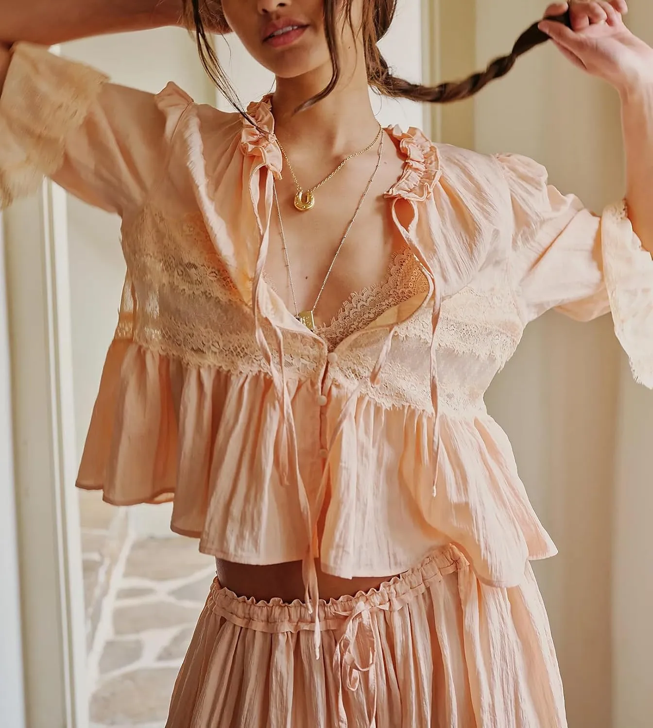 Womens Tie Front Ruffle Boho Tops Flowy Sheer Short Sleeve Lace Blouse Y2k Embroidered Babydoll Button Down Shirts