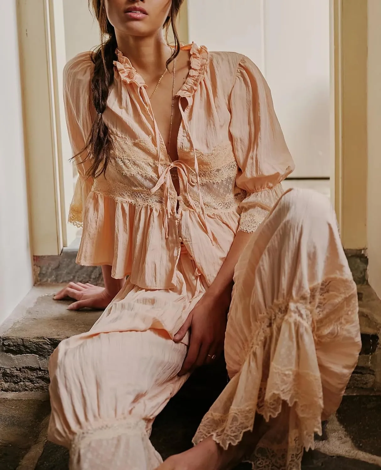 Womens Tie Front Ruffle Boho Tops Flowy Sheer Short Sleeve Lace Blouse Y2k Embroidered Babydoll Button Down Shirts