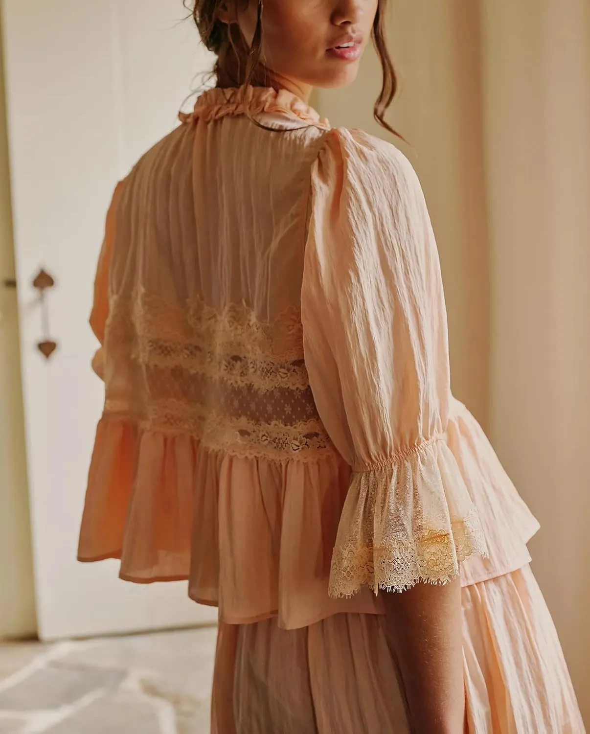 Womens Tie Front Ruffle Boho Tops Flowy Sheer Short Sleeve Lace Blouse Y2k Embroidered Babydoll Button Down Shirts